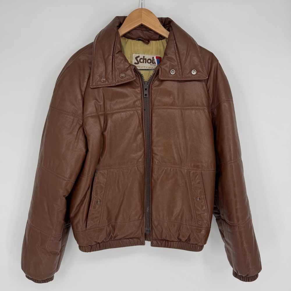 Schott Vintage Leather Puffer Jacket Brown Size 42